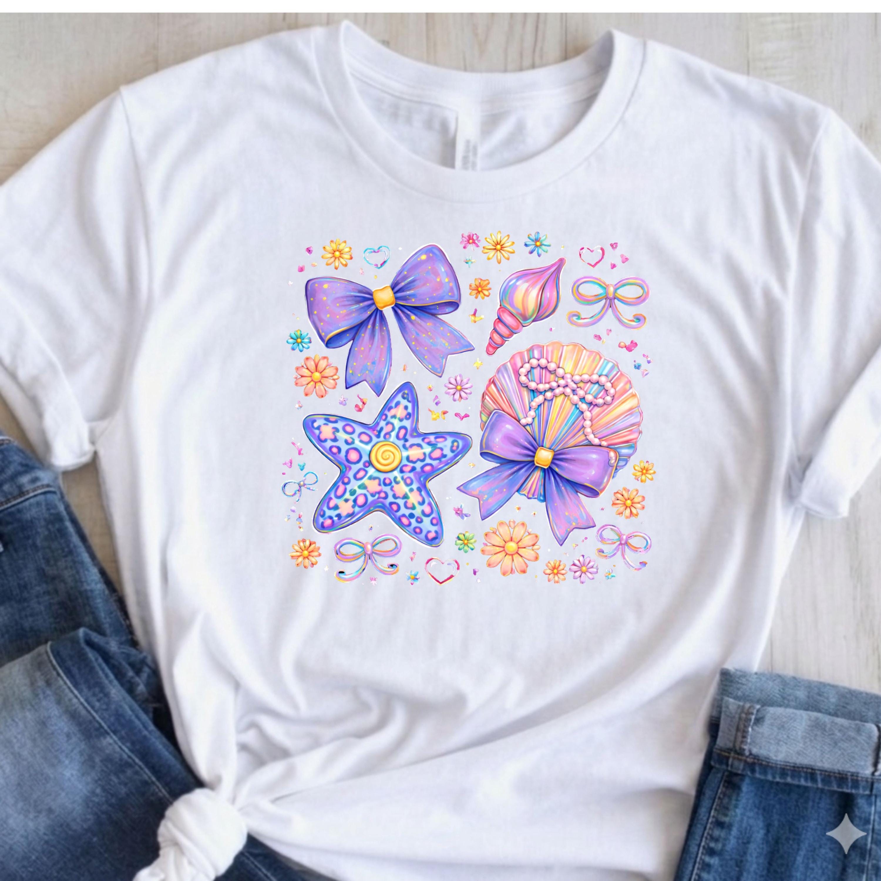 Cute Coquette Bow PNG, Kawaii Pastel Seashell Starfish SVG, Pink ...