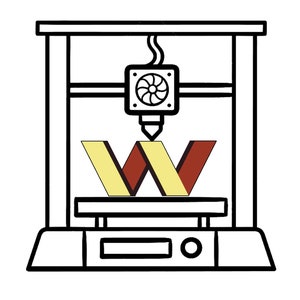 May include: A black and white line drawing of a 3D printer with a yellow and red letter W being printed.