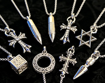 Sterling silver Gothic style necklace, 925 silver vintage punk pendant, handmade alternative jewelry, cross star bullet jewelry,