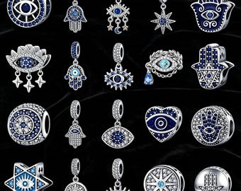 Sterling Silber Böses Auge & Hamsa Anhänger Set, Blaue Kristall Schutz Perlen, Passend für europäisches Armband, Mystisch Glück Schmuck Geschenk für Sie