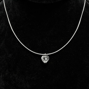 Invisible Thread Heart CZ Pendant Necklace Silver Tone Delicate Floating Effect Choker Minimalist Everyday Wear Jewelry Gift for Her