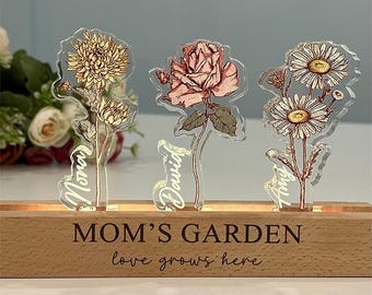 Custom Mom's Garden Love Grows Here Night Light, Personalized Birth Flower Acrylic LED Lamp, Mother's Day Gift for Mom, Grandma, Family Gift