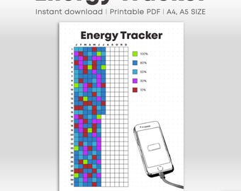 Energie Tracker Printable | Journal Seite | Energie Tagebuch | Täglicher Energie Level Tracker Jahresplaner | 4 Versionen | A4 A5 Formate (PDF)