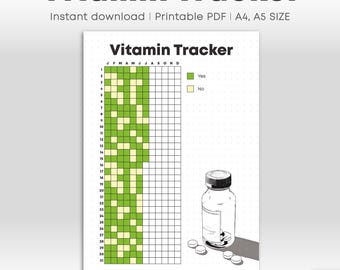 Vitamin Tracker Printable | Journal Seite | Vitamin Log | Täglicher Ergänzungs-Tracker Jahresplaner | 4 Versionen | A4 A5 Formate (PDF)