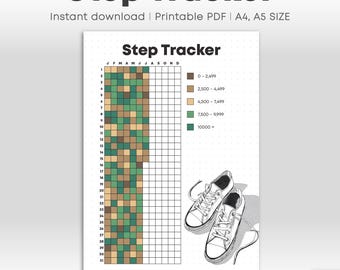 Schritt-Tracker Printable | Journal Seite | Logbuch der täglichen Schritte | Gehen Schritt Tracker Jahresplaner | 4 Versionen | A4 A5 Formate (PDF)