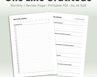 Monatliches One Line Dankbarkeit Journal + Monatliche Bewertung Vorlage | Tagebuch der Dankbarkeit | Mindfulness Reflection Journal | A4 & A5 Formate (PDF)