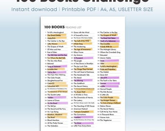 100 Bücher Challenge-Vorlage | Buch Bucket List für Buchliebhaber | Einfache Buchleseliste und Checkliste | A4/A5/US Letter Format (PDF)