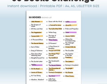 50 Bücher Challenge-Vorlage | Buch Bucket List für Buchliebhaber | Einfache Buchleseliste und Checkliste | A4/A5/US Letter Format (PDF)