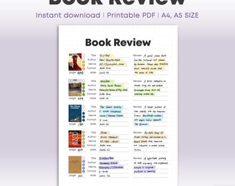 Buchbesprechungsvorlage zum Ausdrucken | Lese Journal Seite | Lese-Tracker | A4 & A5 Formate (PDF)