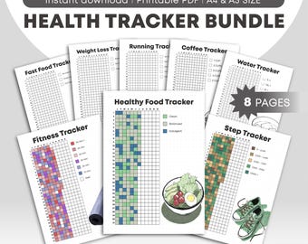 Gesundheit Tracker Bundle Printable | Jährliche Tracker Bündel | Journal Seiten | 8 Seiten | 4Ausführung | A5 & A4 Formate (PDF)