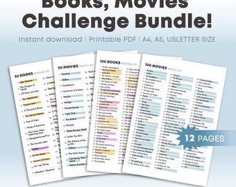 Paquete de 100 y 50 películas y libros imprescindibles / Lista de verificación imprimible de películas y libros (PDF tamaño A4/A5/Carta estadounidense)