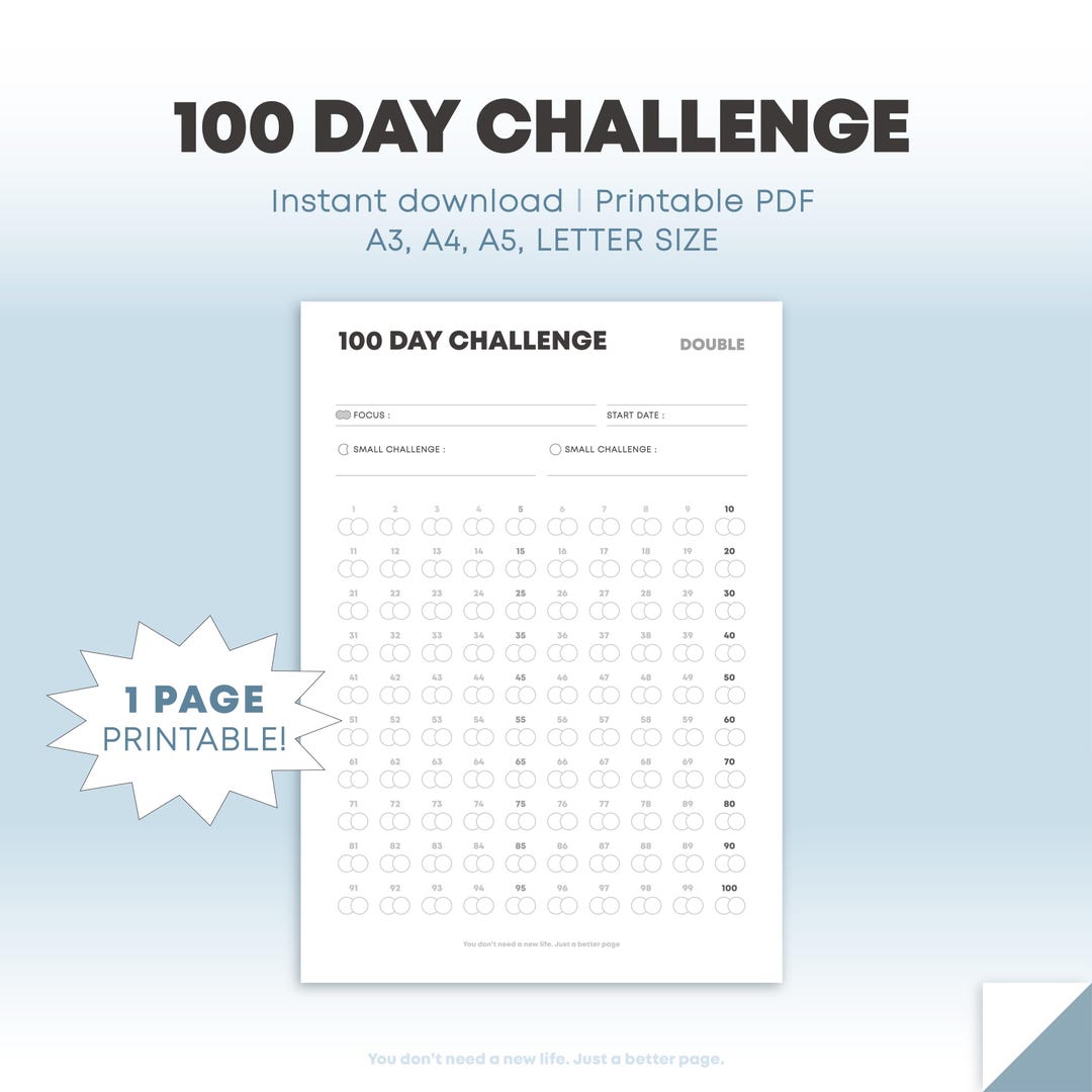 100 Day Challenge Tracker | Habit & Goal Planner (PDF Download, A3/a4 ...