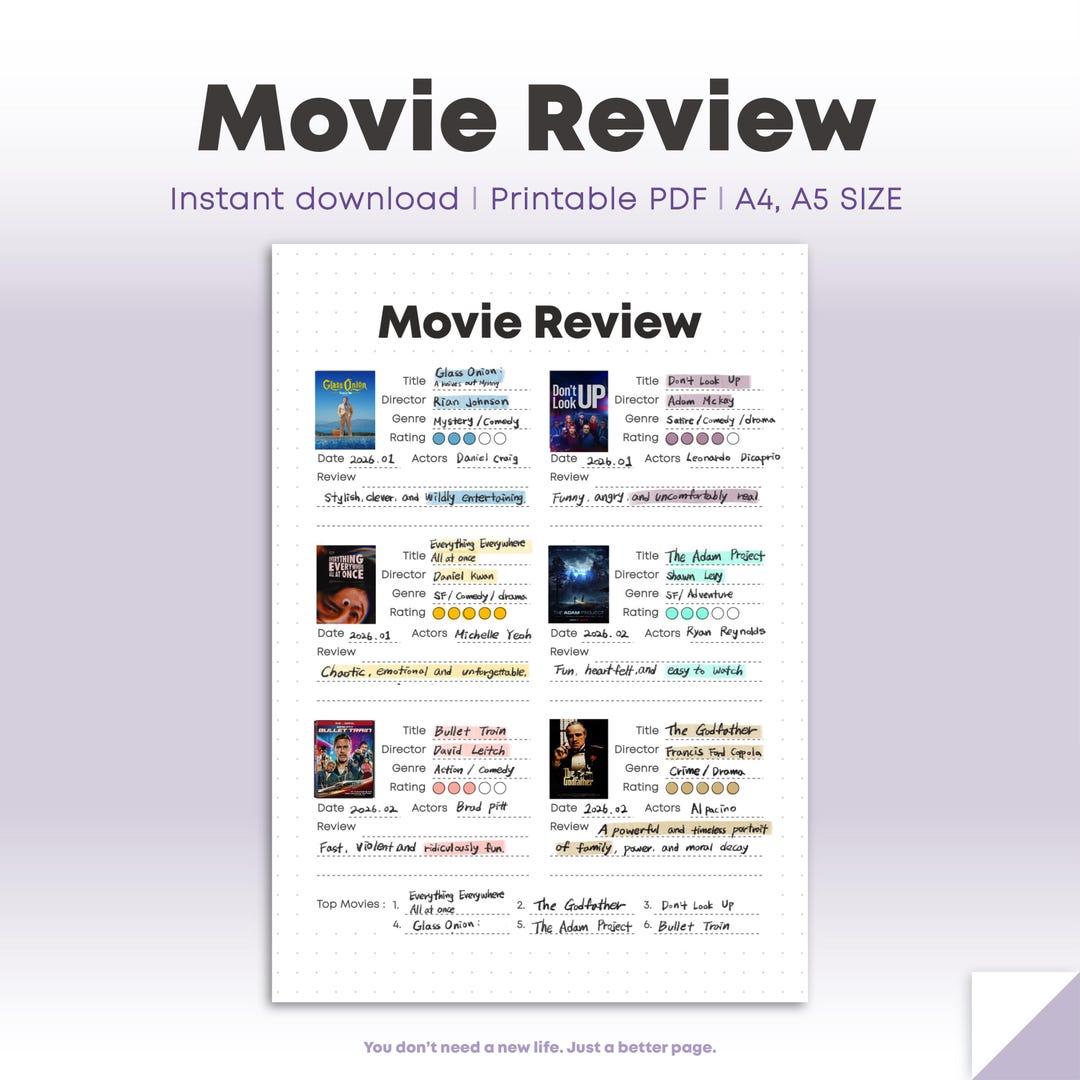 Movie Review Template Printable | Movie Journal Page | Movie Tracker ...