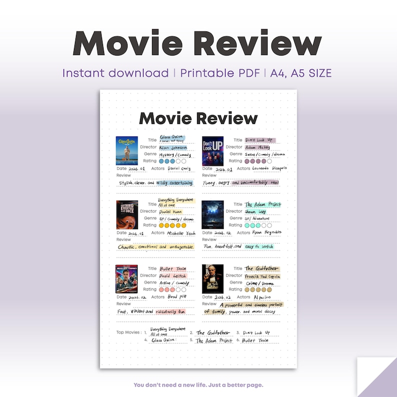 Movie Review Template Printable | Movie Journal Page | Movie Tracker ...