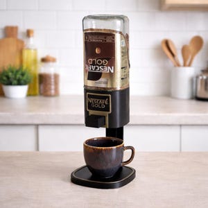 以下が含まれることがあります： コーヒー粉末が入ったガラス容器を備えた黒いコーヒーディスペンサー。「NESCAFÉ GOLD」と書かれた金色のラベルが付いています。茶色と黒のセラミックコーヒーカップが黒い正方形のベースに置かれています。