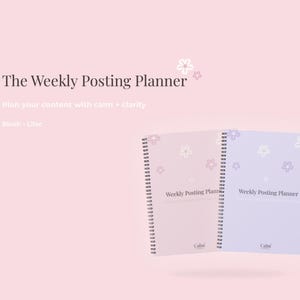 May include: A blush and lilac weekly posting planner with floral accents. The planner has a spiral binding and the text "Weekly Posting Planner" is visible. The background is a soft pink.