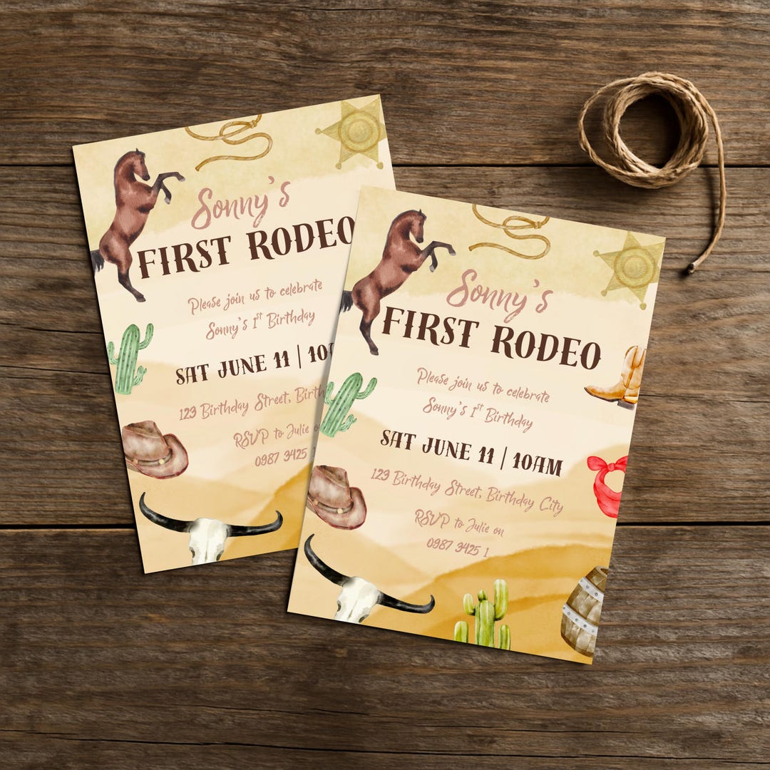 Editable First Rodeo Theme Birthday Invitation, Green and Brown ...