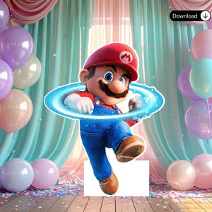 以下が含まれることがあります： 青いエネルギーリングから現れる、象徴的なビデオゲームキャラクター、マリオの鮮やかな画像。彼は特徴的な赤い帽子、青いオーバーオール、茶色のブーツを着用しています。背景にはパステルカラーの風船とカーテンがあり、お祝いの雰囲気を作り出しています。