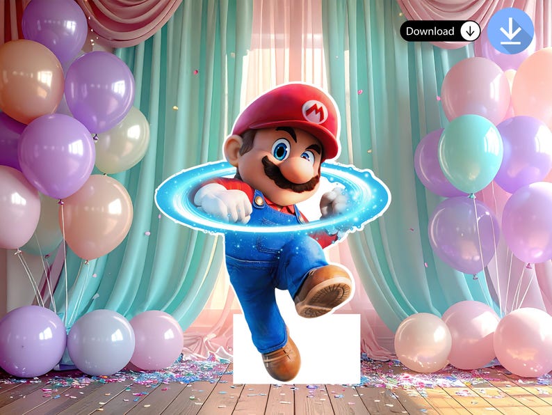以下が含まれることがあります： 青いエネルギーリングから現れる、象徴的なビデオゲームキャラクター、マリオの鮮やかな画像。彼は特徴的な赤い帽子、青いオーバーオール、茶色のブーツを着用しています。背景にはパステルカラーの風船とカーテンがあり、お祝いの雰囲気を作り出しています。