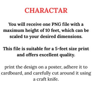 以下が含まれることがあります： 白い背景に「CHARACTAR」の文字。テキストは、最大高さ3.05メートルのPNGファイルについて説明しており、希望の寸法にスケーリング可能で、1.52メートルの印刷に適しており、優れた品質を提供します。
