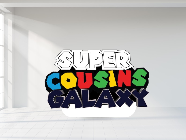 May include: A colorful graphic with the words "SUPER COUSINS GALAXY" in a 3D style. The word "SUPER" is outlined in white, while "COUSINS" is in blue, yellow, red, and green. "GALAXY" is in dark blue.
