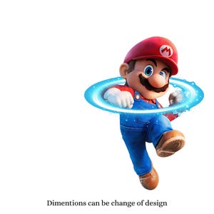 以下が含まれることがあります： 人気ゲームキャラクター、マリオのデジタルレンダリング画像。白い「M」が付いた赤い帽子と青いオーバーオールを着用しています。青いエネルギーリングに囲まれています。画像の高さは約152cmです。下部のテキストは「Dimensions can be change of design」と書かれています。