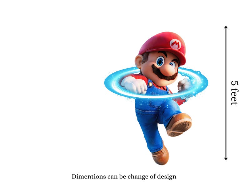 以下が含まれることがあります： 人気ゲームキャラクター、マリオのデジタルレンダリング画像。白い「M」が付いた赤い帽子と青いオーバーオールを着用しています。青いエネルギーリングに囲まれています。画像の高さは約152cmです。下部のテキストは「Dimensions can be change of design」と書かれています。