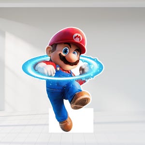 以下が含まれることがあります： スーパーマリオのビデオゲームシリーズのキャラクター、マリオの全身カットアウト。 マリオは白い「M」が付いた赤い帽子、赤いシャツ、青いオーバーオール、茶色の靴を履いています。 彼は青いエネルギーリングに囲まれています。