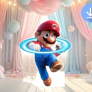 以下が含まれることがあります： スーパーマリオブラザーズのビデオゲームフランチャイズのキャラクター、マリオのデジタルイラスト。 マリオは、白い「M」が付いた特徴的な赤い帽子、青いオーバーオール、茶色の靴を履いています。 青いエネルギーリングに囲まれ、ピンクと青のカーテンと風船を背景にしています。