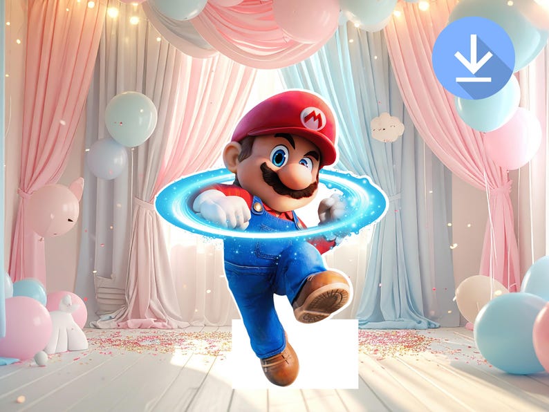 以下が含まれることがあります： スーパーマリオブラザーズのビデオゲームフランチャイズのキャラクター、マリオのデジタルイラスト。 マリオは、白い「M」が付いた特徴的な赤い帽子、青いオーバーオール、茶色の靴を履いています。 青いエネルギーリングに囲まれ、ピンクと青のカーテンと風船を背景にしています。