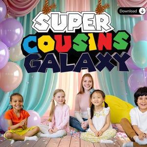 May include: A group of children and an adult pose in front of a backdrop with balloons and the text "SUPER COUSINS GALAXY." The children are smiling and wearing colorful clothes. Balloons in shades of pink, purple, and teal are visible.