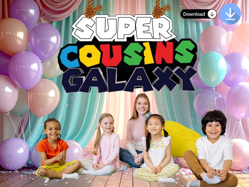May include: A group of children and an adult pose in front of a backdrop with balloons and the text "SUPER COUSINS GALAXY." The children are smiling and wearing colorful clothes. Balloons in shades of pink, purple, and teal are visible.