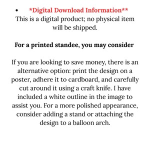 May include: Text on a white background provides digital download information. It states that the product is a digital download and no physical item will be shipped. It also suggests printing the design on a poster and adhering it to cardboard.