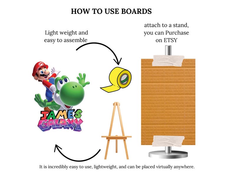 May include: An illustration showing how to use boards. The image includes a cartoon of Mario and Yoshi, a roll of yellow tape, a wooden easel, and a brown board attached to a stand. Text reads: "Light weight and easy to assemble."