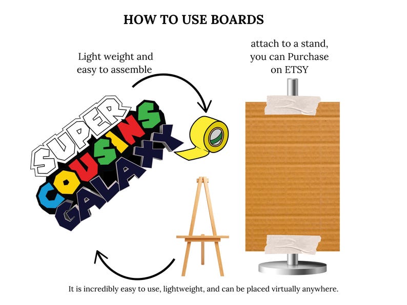 May include: An instructional graphic shows how to use boards. The image features a colorful "SUPER COUSINS GALAXY" logo, a wooden easel, a roll of yellow tape, and a brown board attached to a stand. Text explains the boards are lightweight and easy to assemble.