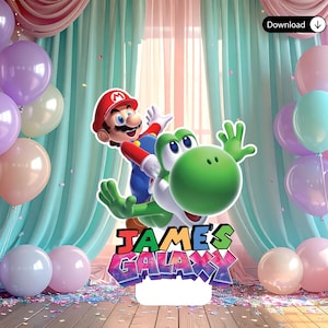May include: A colorful birthday party backdrop featuring Mario and Yoshi. The backdrop includes balloons in shades of pink, purple, and peach, with the text "JAMES'S GALAXY" in a vibrant, multi-colored font. Confetti is scattered on the floor.