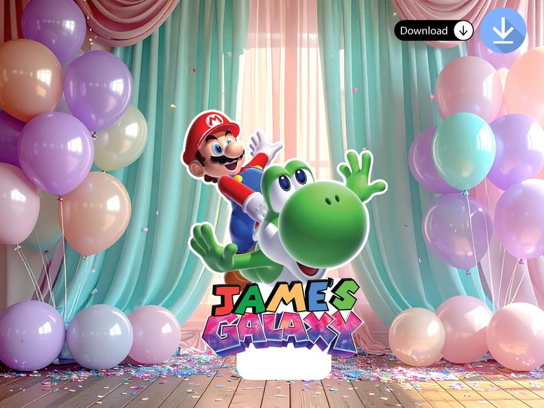 May include: A colorful birthday party backdrop featuring Mario and Yoshi. The backdrop includes balloons in shades of pink, purple, and peach, with the text "JAMES'S GALAXY" in a vibrant, multi-colored font. Confetti is scattered on the floor.