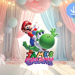 May include: A colorful party backdrop featuring Mario riding Yoshi, with the text "JAMES GALAXY". The scene includes pink and blue balloons, curtains, and confetti, creating a festive atmosphere. A download icon is visible.
