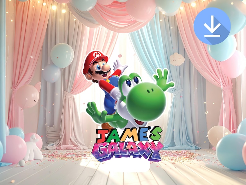 May include: A colorful party backdrop featuring Mario riding Yoshi, with the text "JAMES GALAXY". The scene includes pink and blue balloons, curtains, and confetti, creating a festive atmosphere. A download icon is visible.