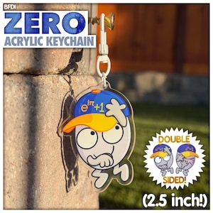 Puede incluir: Llavero acrílico transparente con un personaje de dibujos animados con gorra azul y amarilla, y la fórmula e^iπ+1. El llavero de doble cara mide aproximadamente 6,35 cm.