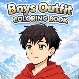 Może przedstawiać: Okładka książki do kolorowania z napisem "Boys Outfit Coloring Book". Okładka przedstawia ilustrację młodej osoby w czerwonej bluzie z kapturem z białym wzorem liścia klonu. Tło przedstawia pasmo górskie i błękitne niebo.