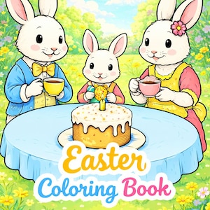 Könnte beinhalten: Ein Ostern Malbuch-Cover mit drei Cartoon-Hasen um einen Tisch mit einem Kuchen. Die Hasen tragen bunte Outfits und halten Tassen. Der Buchtitel ist in Gelb und Blau gehalten.