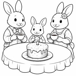 May include: A monochrome illustration showing three rabbits around a table. They are dressed in clothes and holding cups. A cake with a lit candle is on the table. The image depicts a family celebration.