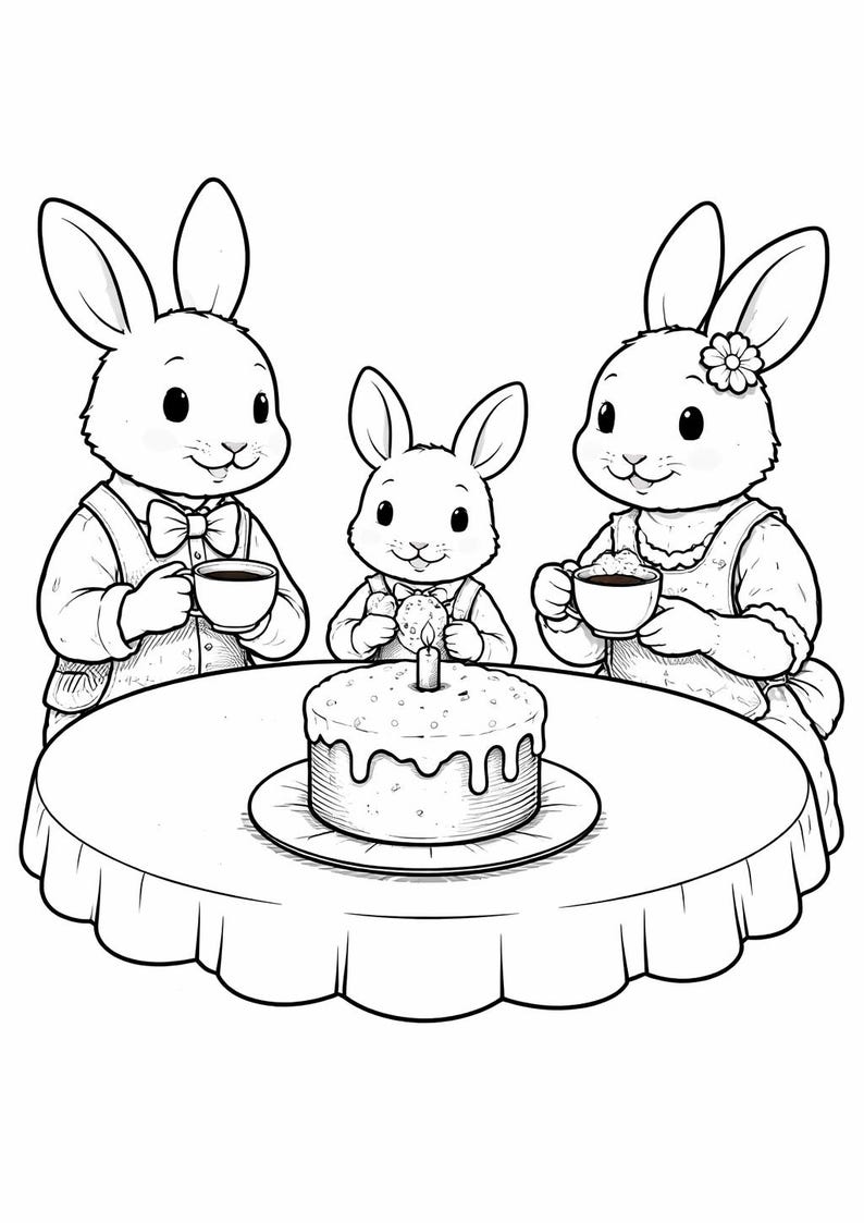 May include: A monochrome illustration showing three rabbits around a table. They are dressed in clothes and holding cups. A cake with a lit candle is on the table. The image depicts a family celebration.