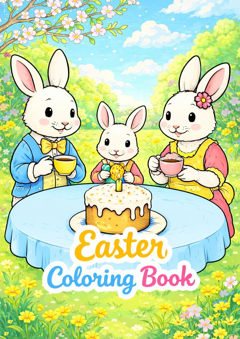 May include: An Easter Coloring Book cover showing three cartoon rabbits gathered around a table with a cake. The rabbits wear colourful clothes and hold cups. The book title is in yellow and blue.