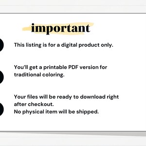 May include: A white sheet of paper with the word "important" in yellow, held by a black binder clip. The text states this listing is for a digital product, a printable PDF for colouring, and files are ready to download after checkout.