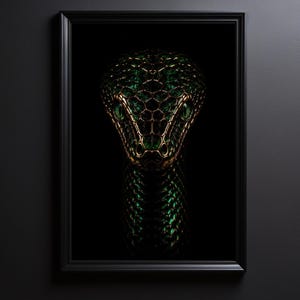 Wandbild mit grüner Schlange, botanischer Schlangendruck, stimmungsvolle grüne Wanddekoration, Dark-Academia-Kunst, gotisches Schlangenposter