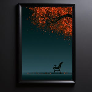 Könnte beinhalten: Ein gerahmter Wandkunstdruck mit der Silhouette einer Parkbank unter einem großen Baum mit leuchtend orangefarbenen und roten Herbstblättern. Der Hintergrund verläuft von einem tiefen Blaugrün zu einem Dunkelblau, mit verstreuten Blättern am Boden.