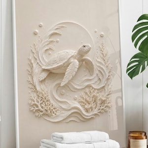 Sea Turtle Wall Art, Turtle Art Print, Bathroom Wall Art, 3D Effect Wall Art, Plaster Relief Art, Ocean Animal Art
