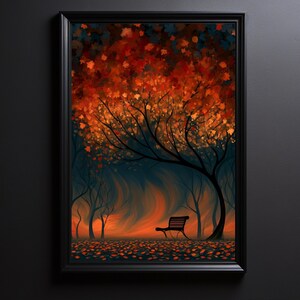 Autumn Park Wall Art, Empty Bench under Orange Trees, Moody Fall Landscape Print, Framed Nature Art, Canvas Decor